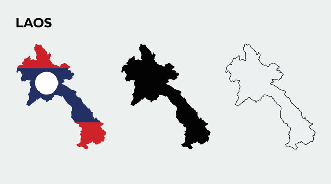 Laos Map Collection: National Flag, Black Silhouette, and Geographic Outline Maps of Lao PDR
