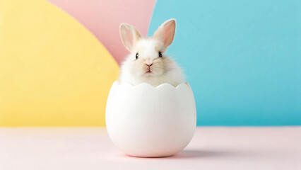 Obraz premium Cute bunny sits in a white egg shell against colorful background with pink and blue shades