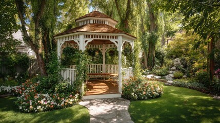 Fototapeta premium Quaint garden gazebo framed by lush greenery and climbing vines in a tranquil backyard