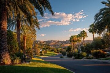 Fototapeta premium Quiet Laguna Hills Neighborhood Scene: Warm Sunset Over Hillside Homes