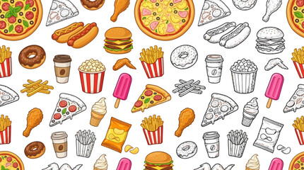 Colorful Hand-Drawn Seamless Fast Food & Snack Pattern with Pizza, Burgers, Fries, Donuts, Popcorn, and Ice Cream &ndash; Ideal for Unhealthy Eating Themes
