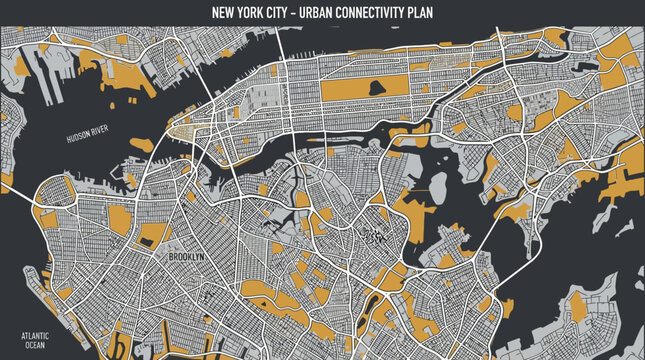 New York City Urban Connectivity Plan Map Vector Illustration - Stylized NYC Boroughs, Roads, & Rivers