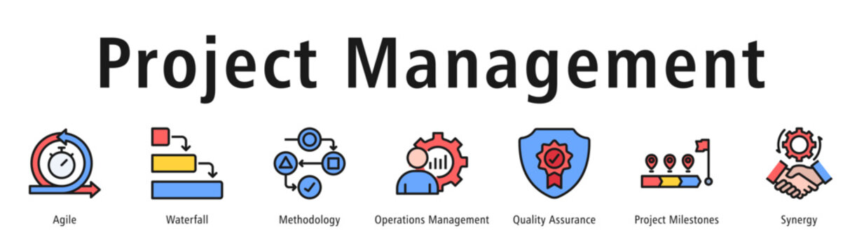 Project management web banner icon vector illustration concept with icon of agile, waterfall, methodology, operations management, quality assurance, project milestones, and synergy.