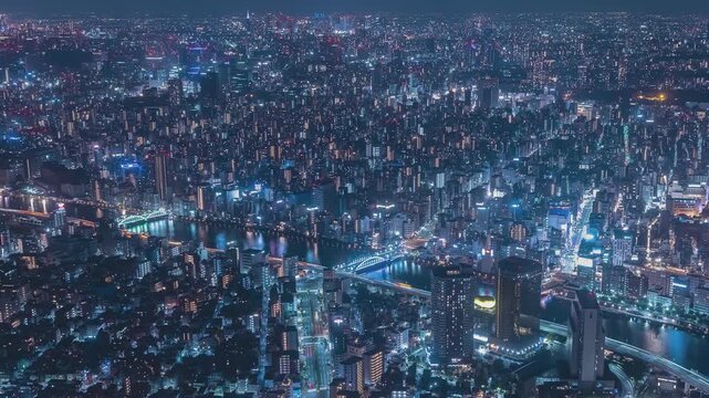 Tokyo Traffic Timelapse From Tokyo Skytree Looking Down Over Sumida At Night
