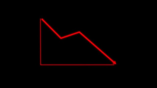 Red colorful downward trend arrow graph on black background symbolizing representing financial and market loss, market decline, business decrease, economic crisis, and negative growth concept.
