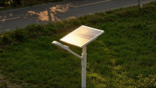 Single solar panel mounted on a street light pole in a grassy park area reflecting the bright evening sun near a road.