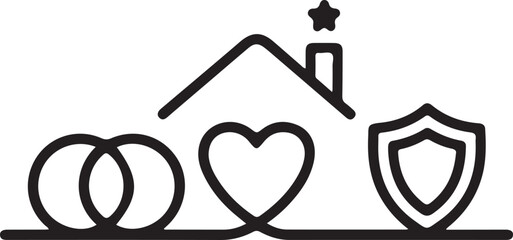 line icon set of house with heart shield and wedding rings on white background