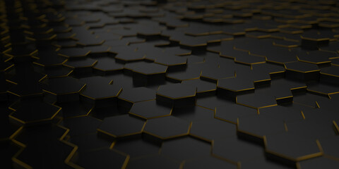 Fototapeta premium Dark hexagonal tile pattern with gold edges for luxury geometric background and modern tech surface design.3d render