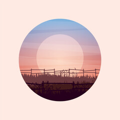 Fototapeta premium Meadow silhouettes with grass and old wooden fence. Countryside, round panoramic summer lawn rural landscape with herbs, weeds. Agriculture and farming. Summer sunset in nature. Vector illustration