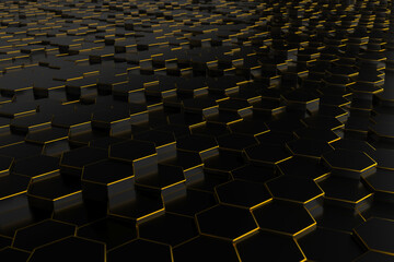 Fototapeta premium Dark honeycomb hexagon tiles with glowing gold seams for futuristic textured background and industrial design wallpaper.3d render