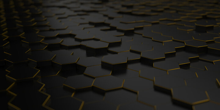 Dark hexagonal tile pattern with gold edges for luxury geometric background and modern tech surface design.3d render
