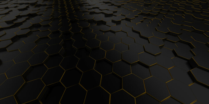 Dark hexagonal tile surface with gold seams and honeycomb pattern for luxury background and tech wallpaper design.3d render