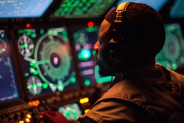 Obraz premium Air traffic controller monitoring radar screens at night