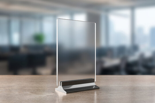 Vertical glass countertop partition protective screen for office desk reception and cashier safety with metal base for social distancing .3d render