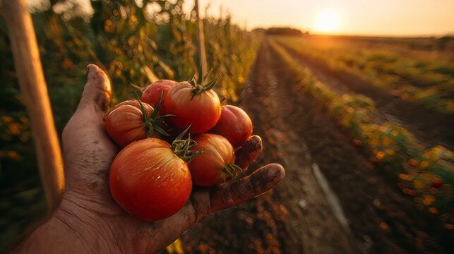 A handful of fresh heirloom beefsteak tomatoes, variety like "Big Rainbow" or "Hillbilly" with red and orange coloration farm.  Large, plump tomatoes with  ribbing and red skin in a field of trellised