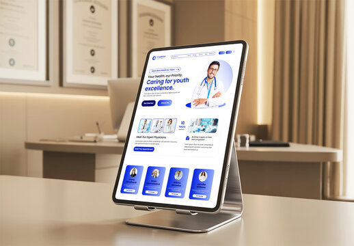Tablet Mockup on Desk Displaying Medical Healthcare Website