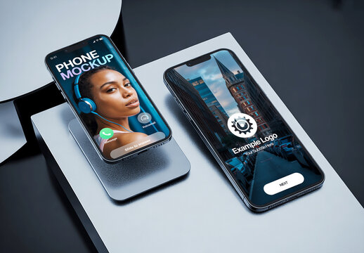 Two Smartphone Mockups on Metal Stand Showing UI Design and Incoming Call