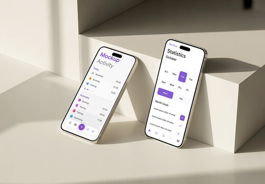 Two Smartphone Mockups with Minimalist Health and Activity Tracker UI Design