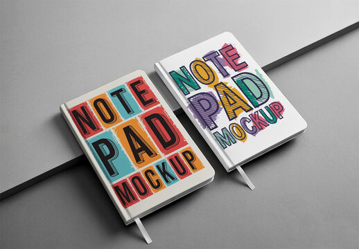Two Hardcover Notepad Mockups on Minimalist Grey Background