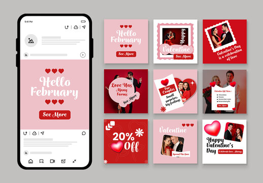 Valentine Day Social Media Post Grid Collection with Romantic Couples and Hearts
