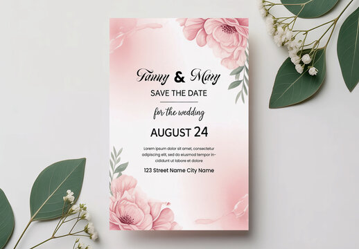Wedding Invitation Card Template with Pink Floral Watercolor Design and Eucalyptus Leaves