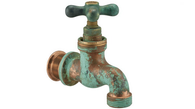 Old copper faucet with green patina water