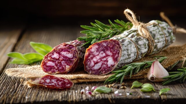 Freshly Sliced Artisan Salami Displayed on Rustic Wooden Surface with Green Herbs and Garlic, Perfect for Charcuterie Boards and Culinary Photography