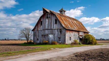 Obraz premium Rustic Barn Surrounded by Open Fields and Blue Sky on a Sunny Day, Showcasing Weathered Wood and Vibrant Nature in a Peaceful Rural Setting