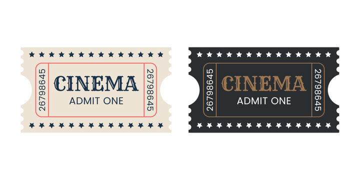 Ticket Cinema, Star borders. Beige and Black color. Admit One. Vector isolated on a white background.