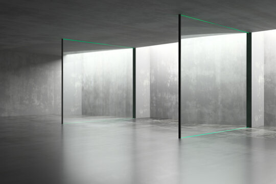 Minimalist concrete interior with glass frame dividers and subtle teal neon edges for architectural background and modern design .3d render
