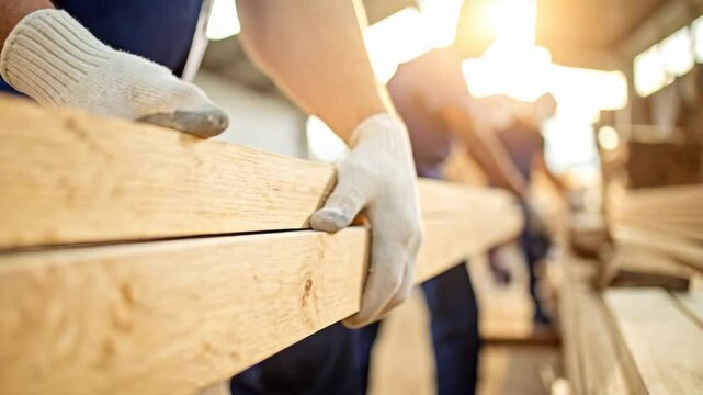 Worker carrying wooden planks at a sunlit construction site or lumberyard