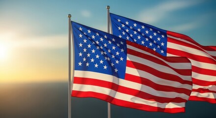 Fototapeta premium Three american flags waving in the wind with a beautiful sunset sky background