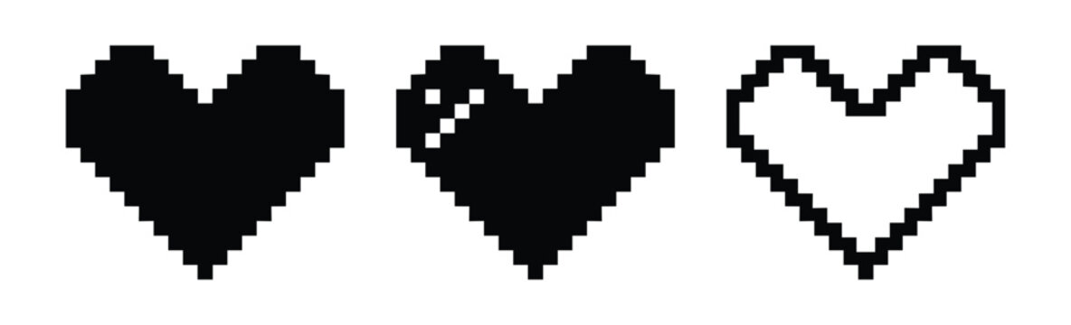 Black pixel heart icon set isolated on transparent background: solid fill, highlighted, and outline versions. Perfect for gaming, UI, love, and digital design.