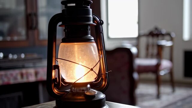 Antique kerosene lamp illuminating a room