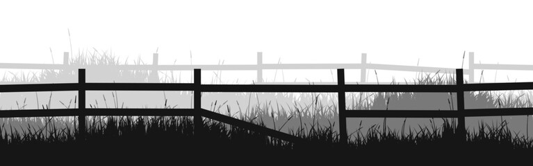 Fototapeta premium Meadow silhouettes with grass and old wooden fence. Countryside, panoramic summer lawn rural landscape with herbs, weeds. Herbal border, frame element. Black horizontal banners. Vector illustration