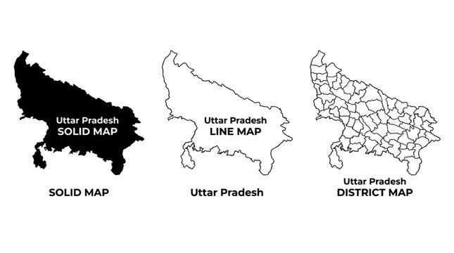Uttar Pradesh Map Collection: Solid, Line, and District Outline Vector Maps of India's Most Populous State for Geography & Data Visualization