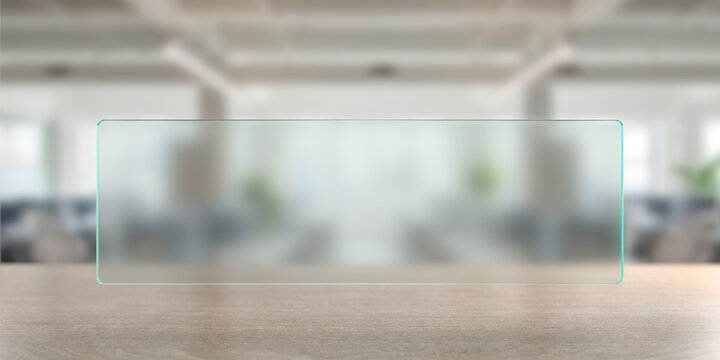 Transparent glass panel with green tint on blurred office interior background for website banner and product display .3d render
