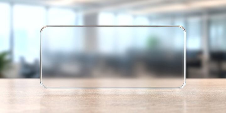 Transparent glass panel mockup on blurred modern office background for banner and website hero display .3d render