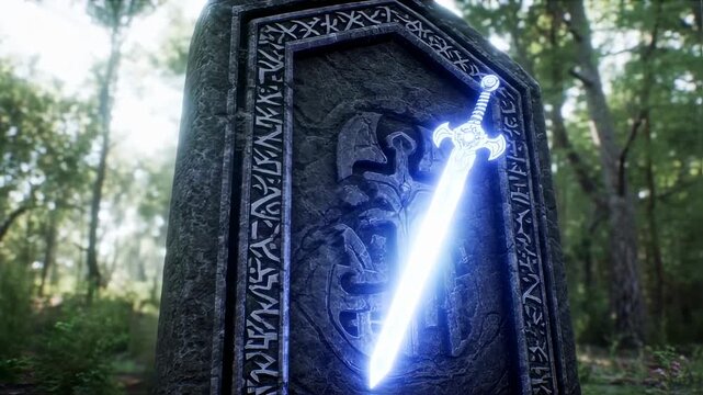 Ancient stone monument with glowing sword
