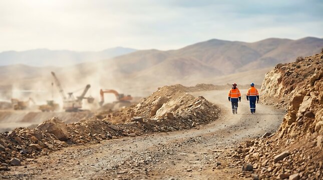 Mining workers walking on a dirt road at an open-pit mine site