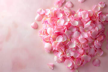 春らしいピンクの花びらをハートの形に敷き詰めた感謝と愛情を伝えるロマンチックな画像