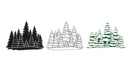 Obraz premium Collection of three distinct graphic styles depicting a dense forest grouping of pine trees suitable for various seasonal design projects and illustration needs