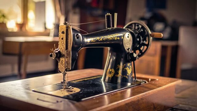 Classic black and gold sewing machine on a rustic wooden table