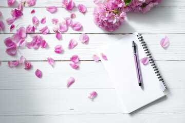 白い木目調のテーブルにピンクの花びらとリングノートが置かれた春の勉強のイメージ