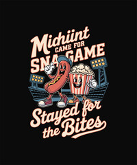 Fototapeta premium Cartoon Hot Dog and Popcorn Mascot at Stadium Vector Illustration