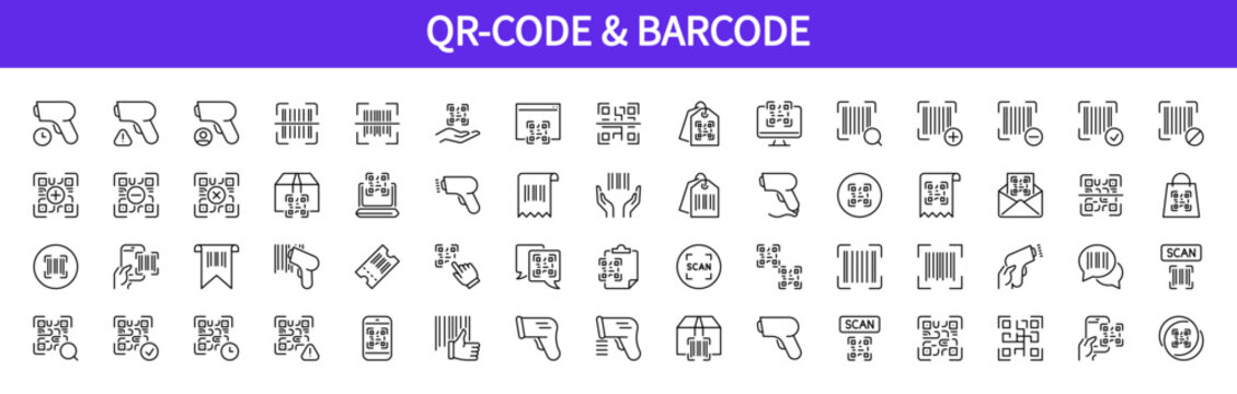 QR-code & Barcode icons set. Scanning, scanner sign. Scan reader, Identifier symbol. Linear black icon collection. Flat vector design. Editable stroke. For apps, website, business, infographic, etc.