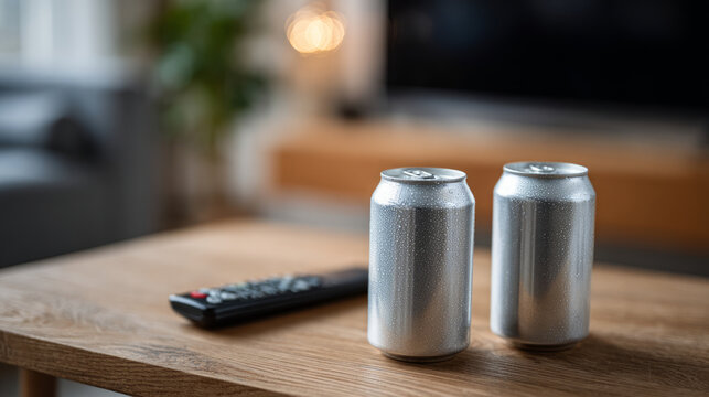 Two cold aluminum soda cans with condensation sit on a wooden table next to a remote control
