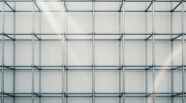 Industrial metal scaffolding pipes forming a strong grid structure against a white wall for construction and development concept.