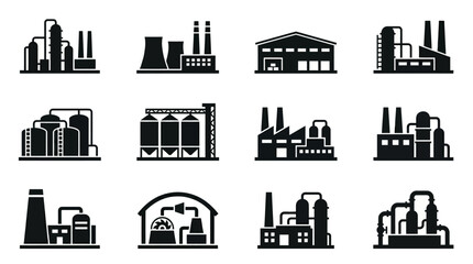 Fototapeta premium Set of various industrial factory building icons representing manufacturing and production facilities