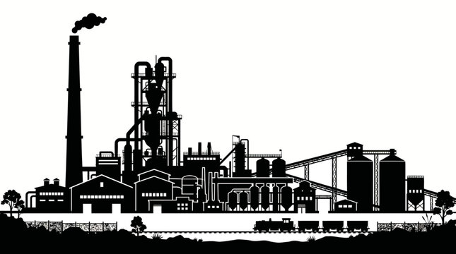 Industrial complex silhouette featuring a large factory with smokestacks, silos, and a train on a track, symbolizing manufacturing and production